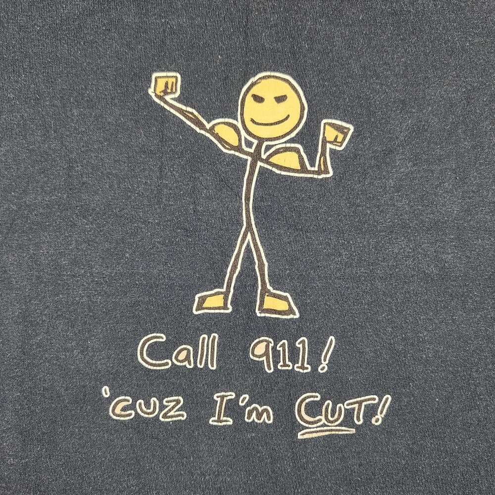 Vintage Funny Gym Bro Shirt Mens XL Blue Stick Figure Call 911 Cuz Im Cut Joke